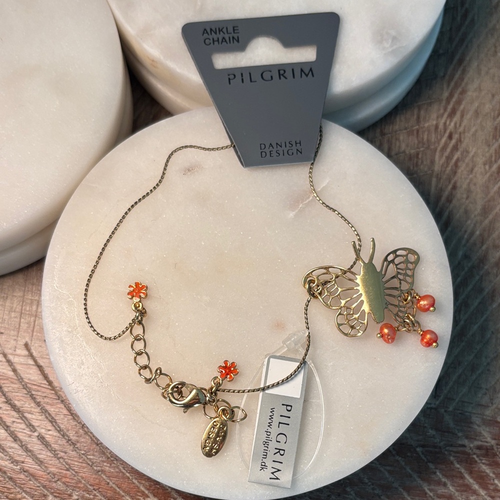 (#88) Pilgrim Gold Anklet with Orange Butterfly Charm